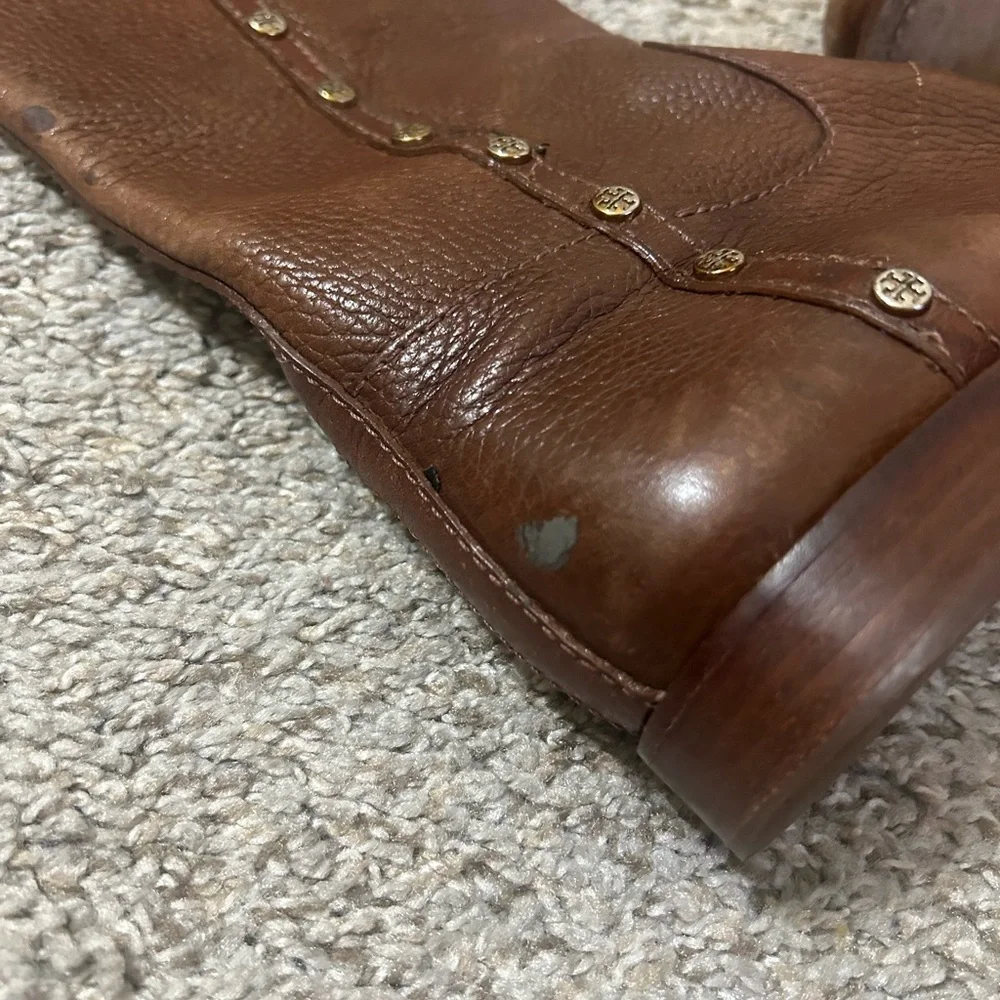 Tory Burch Mae Gold Studs Brown Pebble Leather Tall Riding Boots Women's Size 6